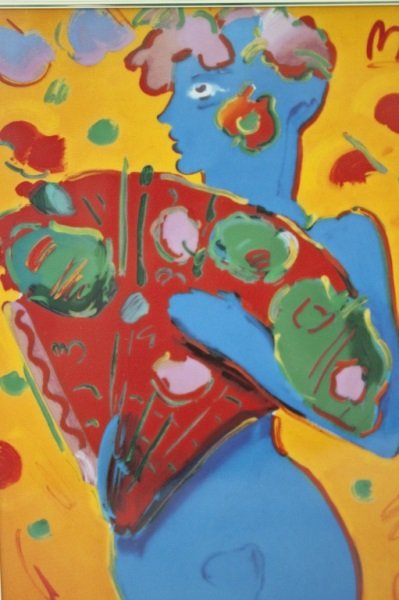 Peter Max "The Fan Dancer" Porcelain Plaque: Peter Max "The Fan Dancer" work in porcelain. Matted with linen and set in hand embellished hardwood frame. The Franklin Mint certificate of authenticity affixed to back and on paper. Art Measures 8"
