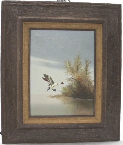 Wood Duck Landing by J.C. Michelet Acrylic/Canvas: J.C. Michelet (American/Alabama, 20th c.), "Wood Duck: River Swamp", acrylic on canvas, signed lower right, in a rustic wood frame. Dimensions: See description Period: 1970's Artist: J C Michelet