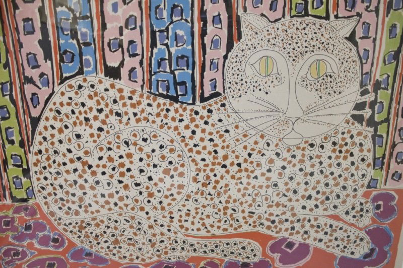 Gloria Vanderbilt Litho of a Cat 240/300: Gloria Vanderbilt Litho of a Cat 240/300 Art measures 23" x 29" Frame measures 32" x 38" Dimensions: See description Period: 1970's Artist: Gloria Vanderbilt