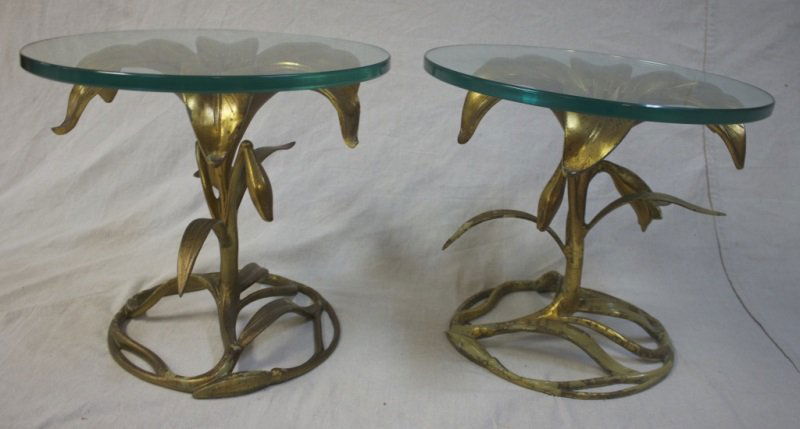 Pair of Mid Century Modern Lily Form End Tables: Pair of lily form end tables manner of Arthur Court. Manufactured with gold gilt cast aluminum bases and 3/4" thick glass tops. Minor wear to finish (see photo) Dimensions: 19"dia 17" tall Period: Mid