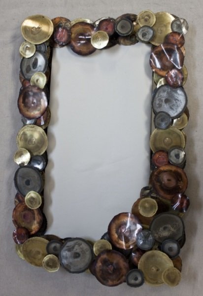 1970's Rain Drops Mirrior in Copper & Brass: 1970's Jere style raindrops mirror in mixed metals. Dimensions: 20" x 4" x 32" Period: 1970's