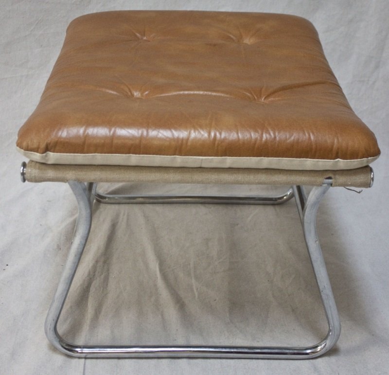 Scandinavian Modern Footstool by Sorliemobler as.: Scandinavian design modern footstool by Sorliemobler as. Made with tubular chrome steel and laced canvas support with cushion. Dimensions: 22" x 18" x17" Period: 1970's Artist: Sorliemobler