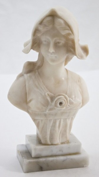 A. Cipriani Italian Carved Alabaster Bust Of Girl: A. Cipriani Italian carved alabaster bust of a young woman, she wears a bonnet on her head and her hair is pulled back and slightly exposed, her clothing has a low V neck with flower. Signed on the ba