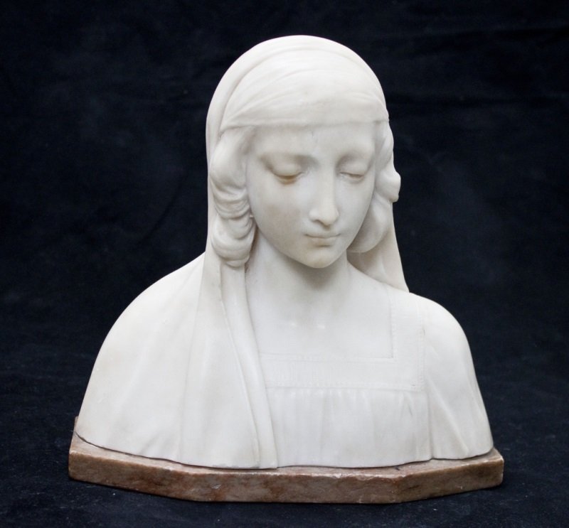 19thC Carved Alabaster Bust of a Young Woman: 19th Century Carved Alabaster bust of a young girl on a marble plinth Dimensions: 9.5" x 5" x x 10" Period: 19th Century