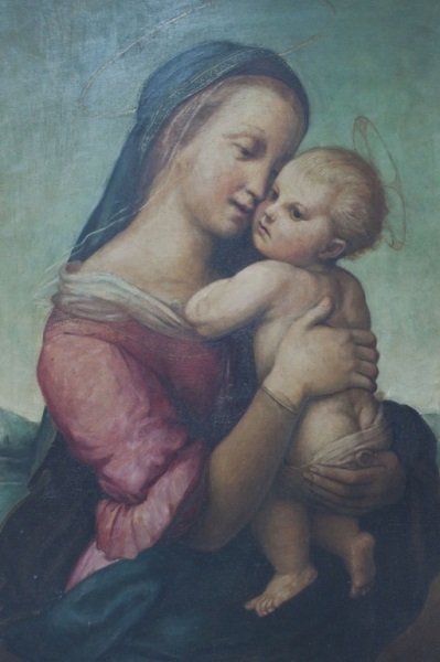 Madonna & Child Oil Painting on Panel aft Raphael: 19thC Madonna & Child Oil Painting on Canvas after Raphael. Art measures 20.5" x 29.5" Frame measures 26" x 35" Dimensions: See description Period: Early 20th Century
