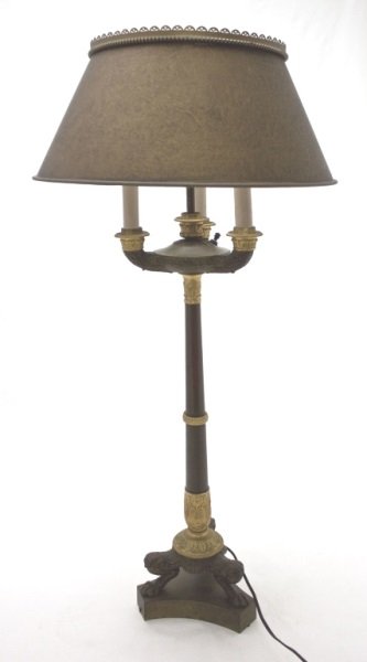 19thC French Bronze Candelabra w Snake & Lion Feet: 19th Century French dore bronze candelabra with snake detail, lions feet, and finely chased neoclassical details. Dimensions: 8" dia x 25" Tall Period: 19th century Artist: French