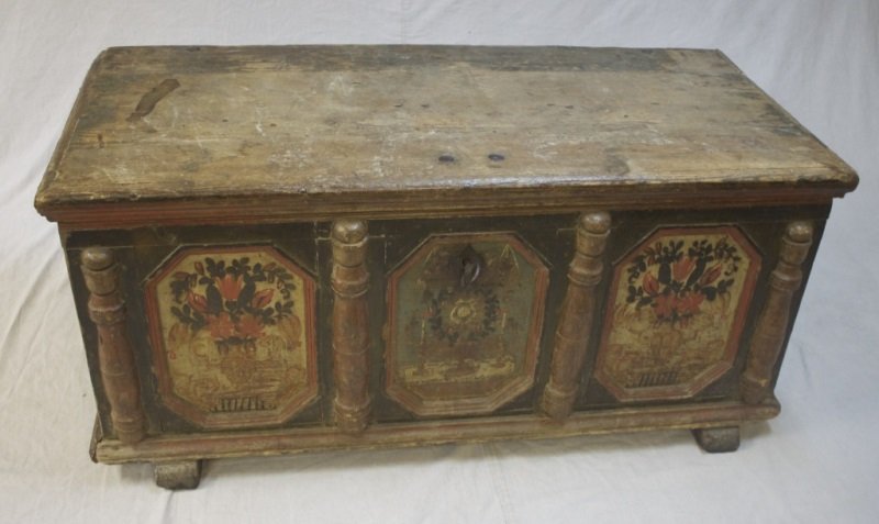 17th/18th C Painted & Carved Austrian Trunk: 18th/17thC Painted & Carved Austrian Trunk Hand Forged Lock, Hinges and Handles. Dimensions: 53" x 25" x 24" Period: 17th/18th century