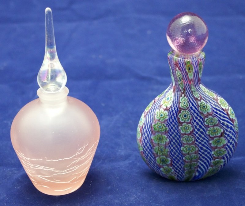 2 Art Glass Perfume Bottles 1 Murano & 1 Frosted: 2 Art Glass Perfume Bottles Murano bottle has odd stopper 3" x 1", x 5" Frosted bottle is in excellent condition 2.5" dia x 5.5" see description 1970's