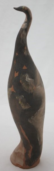 Painted Terracotta Sculpture "Bird" by Jules Agard: Painted terracotta sculpture of a bird by surrealist artists Jules Agard Minor rim chip at base French (1905-1986) Incised Signature on Base. 4" dia x 17" 1970's
