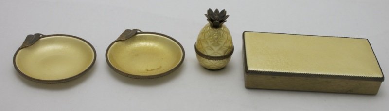 50's Enameled Entertainment Smoking Set: 1950's Evans hand enameled entertainment or smoking set with pineapple form lighter 2.5" x 3.75" Enamel box felt lined measures 7.75" x 4" x 1.5" Trays are bronze and leaf rimmed measuring 4.75" dia s