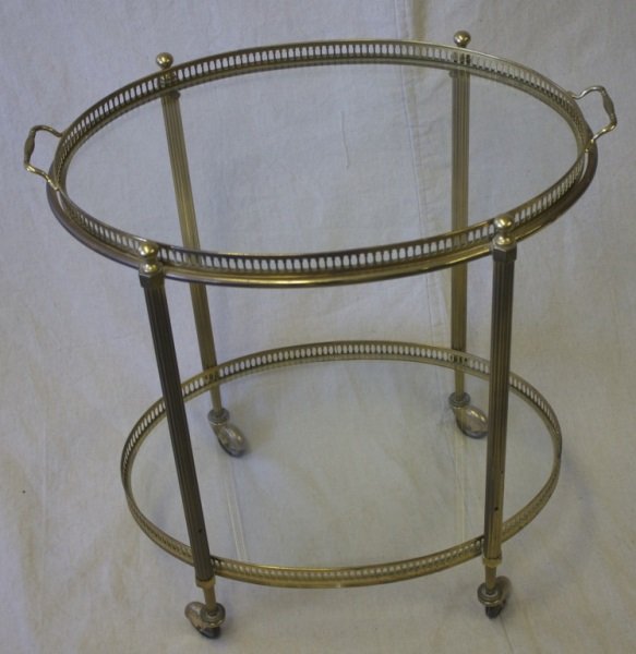 1950's Italian Brass & Glass Tea Cart: 1950's Italian brass and glass tea cart. Removable top tray, cart on wheels 23" x 16" x 24" 1950's