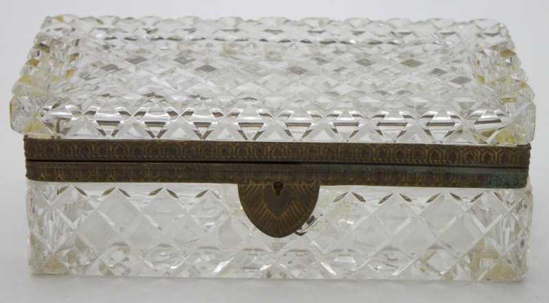 19C Continental Crystal & Bronze Hinged Lidded Box: 19th Century continental cut crystal glass and bronze edged hinged and locking lidded box 8.75" x 4.25" x 3.5" 19th century