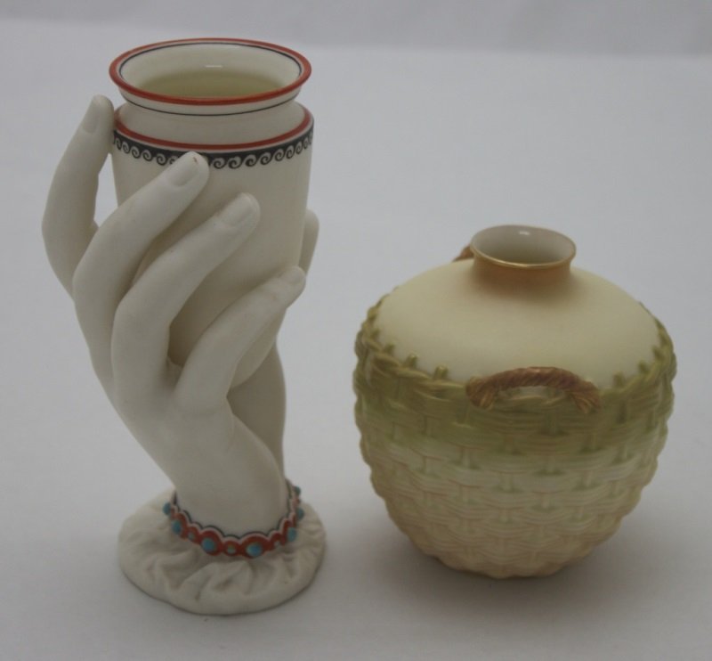 Royal Worcester Hand Vase w/ a Basket Form Vase: 19th Century Royal Worcester hand vase 3.5" x 3" x 6" Basket form Royal Worcester vase measures 3.5" dia x 4" see description