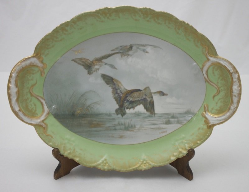 Limoges Painted Ducks Landing Serving Platter: Limoges hand painted ducks landing on a marsh large serving platter. Signed J Martin 18.5" x 13.5" 1900