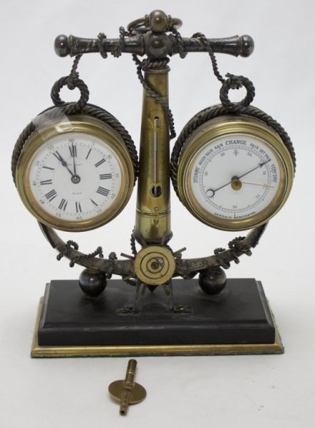 19thC French Brass Nautical Desk Clock & Barometer: Marble & Brass Nautical Desk Clock. The clock features a silver plated and brass anchor balanced on 2 spheres and wrapped with rope, a thermometer is mounted on the center shaft, to the left is a cloc