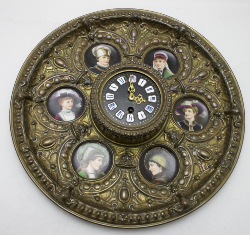 French Brass & Hand Painted Porcelain Wall Clock: French Brass & Hand Painted Porcelain Wall Clock 18" dia x 3" 1920's