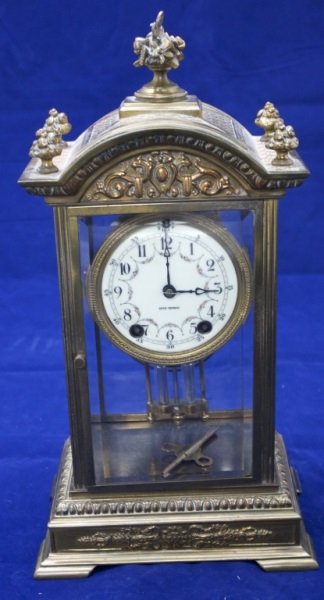 Seth Thomas Crystal Regulator Clock Bronze Case: Seth Thomas Crystal Regulator clock enamel face, bronze base and top band. Beveled glass panels with minor chip right panel upper left see photos. Working condition. 8.5" x 6" x 15.5" 1910