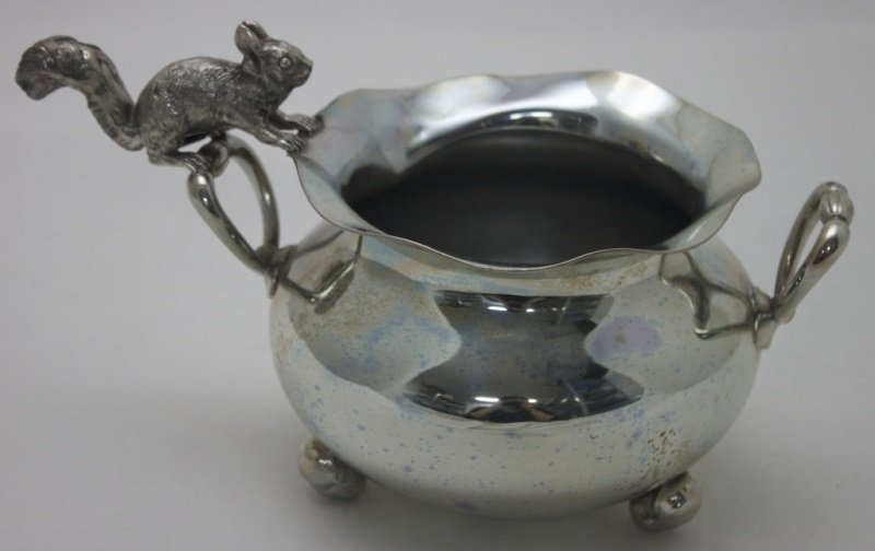 19C Quadruple Plate Squirrel & Nut Decorated Bowl: 19th Century James W. Tufts, Boston, quadruple plate squirrel handled and nut footed decorated serving bowl. 10.5" x 6.5" x 6" 19th Century James W. Tufts