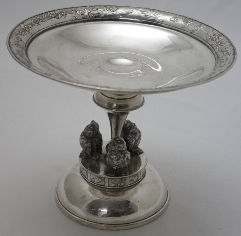 19thC Victorian Chicks & Aesthetic Movement Tazz: 19th Century Victorian silver plated tazz decorated with chicks, flowers and bugs. Minor wear see photos 8" dia x 6.5" 19th century