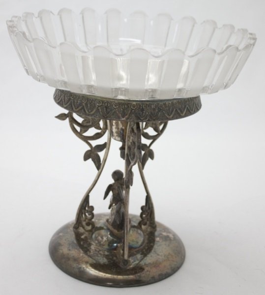 19C Quadruple Plate Center Piece Cherub on Dolphin: 19th Century Racine Silver Co. quadruple plate and glass center piece with a cherub riding on a dolphin. Needs polished 8.5" dia x 8.5" 19th century