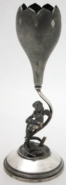 19C Quadruple Plate Bud Vase Cherub on Flower: 19th Century Wilcox Silver Plate Co. quadruple plate figural bud vase with a cherub and flower. 3.5" dia x 9" 19th century