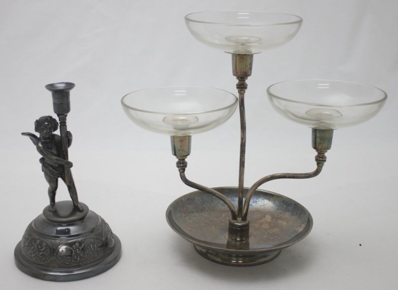 Middleton Quadruple Plate Cherub and Epergne: Middleton quadruple plate cherub epergne holder 5" dia x 8" Three tier Silver plate and glass epergne12" x 6.5" x 11" see description