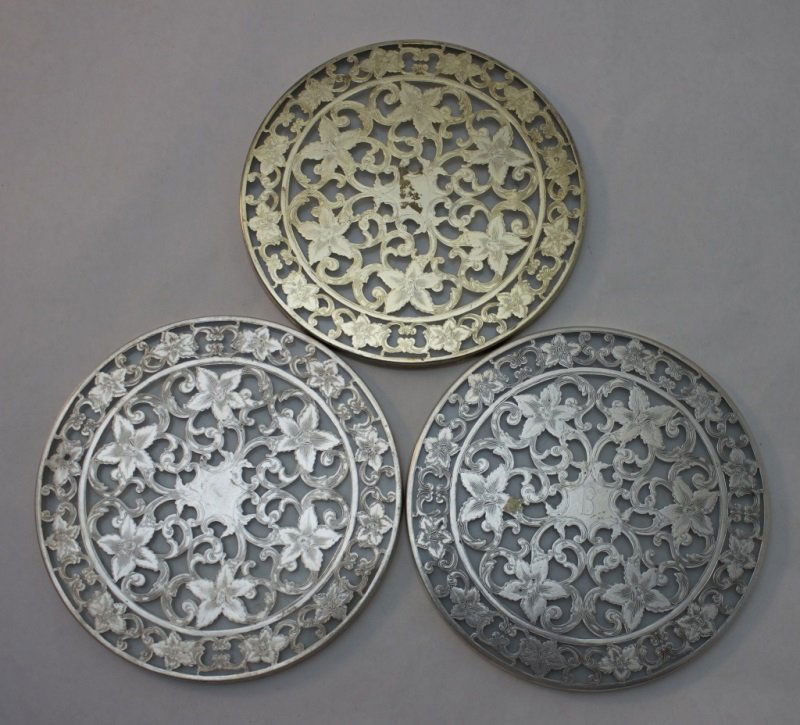 3 Webster Sterling Silver Overlay Glass Hotplates: 3 Webster sterling silver overlay on glass hotplates. 6.25" dia 1900's