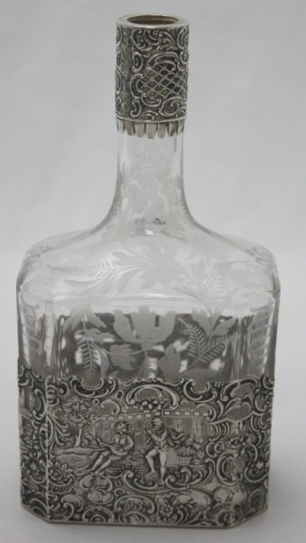 19C Crystal Decanter,Sterling w Musicians & Garden: 19th Century crystal decanter with a chased sterling cover depicting musicians playing for a woman in a garden. 4.5" x 3" x 8.75" 19th century
