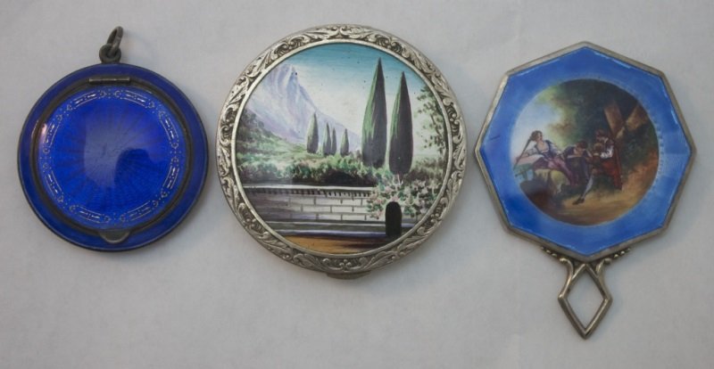 Sterling Guilloche Enameld Compacts & Mirror: Sterling silver guilloche enameled compacts and mirror, lot includes: Sterling hinged Guilloche enameled compact with with mirror, marked 925. Measures 2.2" dia. Sterling enameled compact with mirror,