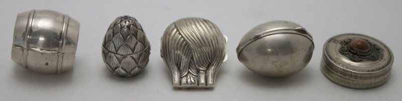 5 Sterling Silver Keepsake Pocket Boxes: Lot of 5 sterling silver keepsake pocket boxes, lot includes; Sterling silver artichoke shaped box, marked 800 with assayer mark. Measures 1" dia x 1.5" tall. Sterling silver egg shaped box, marked 80