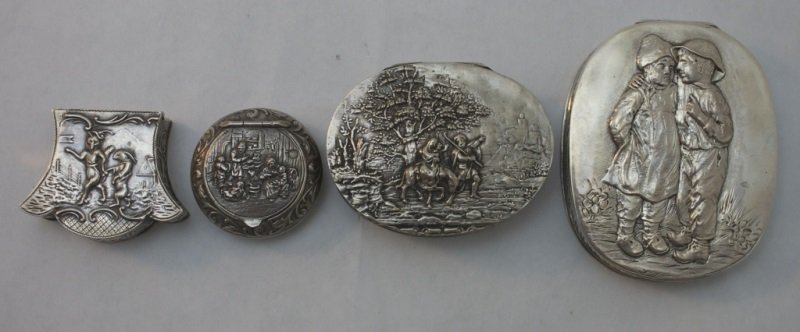 4 Sterling Silver Finely Chased Boxes: Lot of 4 sterling silver chased keepsake boxes, lot includes; Sterling box with hinged lid- chased details of fox and rabbit, marked 800 with assayer marks. Measures 1.60" x 1.94" x .60" Sterling box 