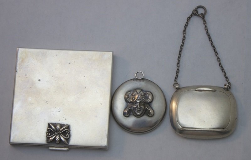 Jensen Sterling Silver Compacts and Mirror: Sterling silver compacts and purse size mirror, lot includes; Georg Jensen sterling compact with sliding mirror cleaner as you open compact, marked Sterling US PAT. 2145035 Georg Jensen, INC U.S.A. Me