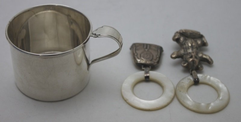 Sterling Silver Abalone Teething Rattles/ Baby Cup: Two sterling silver and mother of pearl baby teething rattles, one with a teddy bear and a baby cup which is 2" dia x 2.25". Chip to one teething ring see photos see description Early 20th