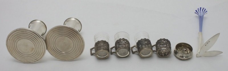 Sterling Group Demitasse Cups, Candle, Pen Holders: Sterling group with 4 demitasse cups and 3 crystal inserts measure 2" x 1.25" x 2" Candle holders are weighted and measure 3.25" dia x 4" Pen Holders is 2.25" 2.75" x 2.5" Art Nouveau cap with nude wo