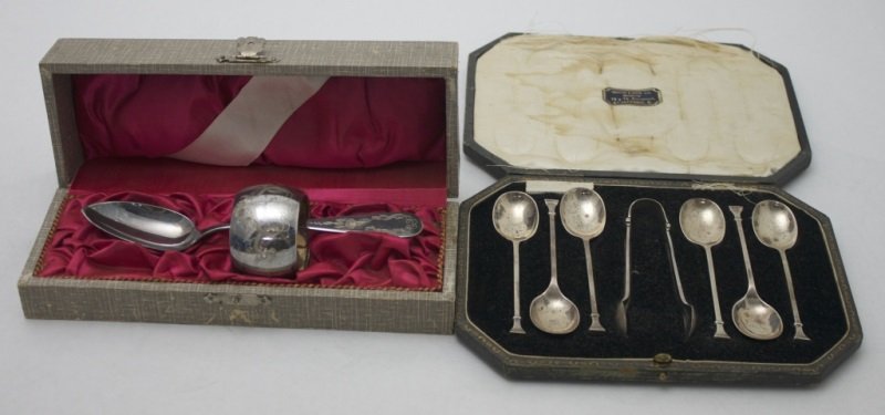 Art Nouveau Sterling Napkin Ring Spoon &Tea Spoons: Art Nouveau 800 silver bright cut napkin ring and matching spoon in the original presentation box 1.1 oz t 6 English sterling silver tea spoons and sugar tong in original presentation box 2.65 oz t se
