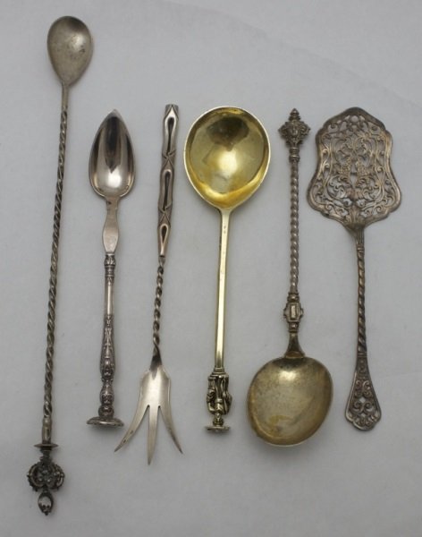 Sterling Silver Serving & Bar Pieces: Sterling silver serving pieces and bar tools, lot includes; Sterling olive or cherry spoon with flattened end for mashing. Measures 7.20" long. Sterling stirring spoon with crown on end, marked 800. M