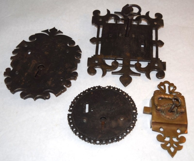 18/19thC Ornate Hand Forged Cabinet Mortise Locks: 18/19th Century hand forged ornate cabinet mortise locks, brass lock and medieval style lock are with keys. Round lock is 5" in diameter 18/19th century