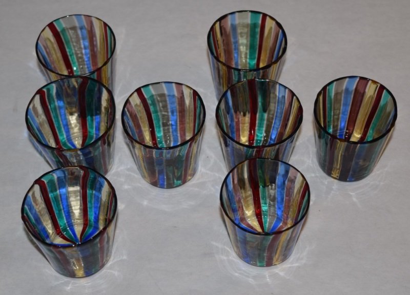 Paolo Venini Caned Art Glass Aperitifs Set of 8: Paolo Venini red, blue and clear caned art glass aperitifs. Set of 8 2" dia x 2.5" 1950's