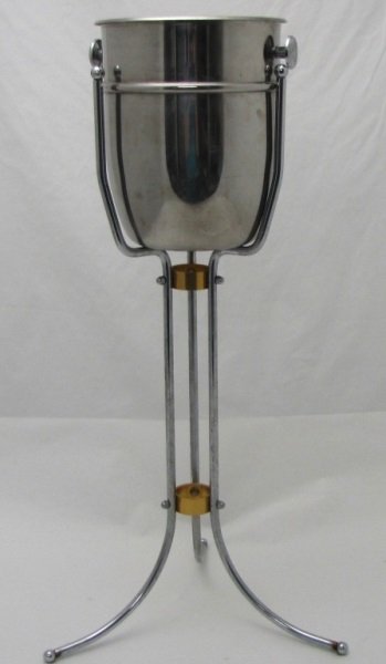 Modern Karl Springer style Ice Bucket & Stand: Mid Century Modern chrome steel ice bucket and stand in the manner of Karl Springer. Minor oxidation and wear 16" dia x 30" 1980's