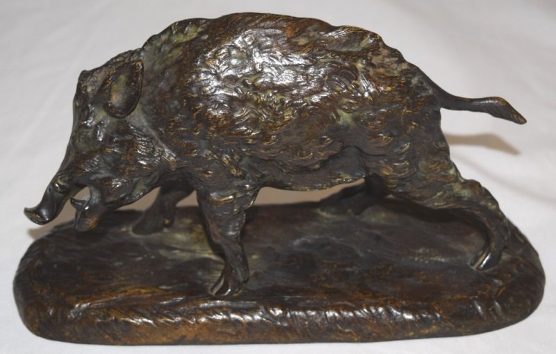 19thC Bronze sg PJ Mene w Foundry Mark "Wild Boar": Pierre Jules Mene, French (1810-1879) A bronze model with Sanglier # 2 inscribed to base depicting a wild boar, on a naturalistic base, signed P.J. MENE, dark brown patina 9.5" x 3.5" x 5.5" 1850's