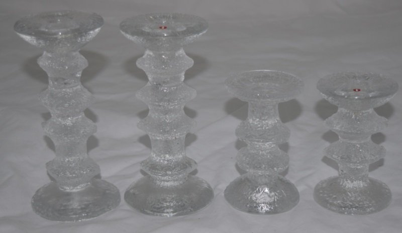 4 Iittala Festivo Finnish Art Glass Candle Holders: Iittala Festivo Candle Stick Holder Finnish Art Glass Timo Sarpaneva. Pair each of 2 ring measure 3" dia x 5" and 4 ring candle holders measure 3.5" x 7". 1980's