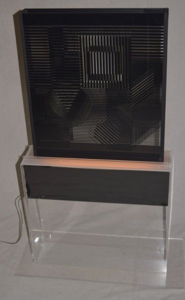 Victor Vasarely Lucite Sculpture "Naissance": Victor Vasarely Lucite Sculpture "Naissance" mounted on a Lucite Light box. Certificate included signed and numbered 100/200. Art piece measures 20" x 22" x 2.5" Light box measures 22.5" x 6" x 19" 19