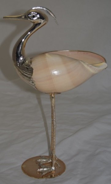 Oggetti Silver Plate & Shell Igret w Garnet Eyes: Oggetti Mangani silver plate and shell egret with garnet eyes. 10" x 5" x 16.5" 1980's