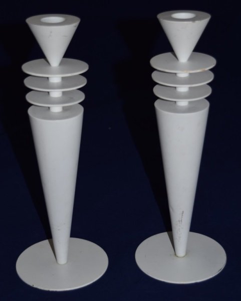 1970s Neiman Marcus Space Age Modern Candleholders: 1970s Neiman Marcus Space Age Modern candle holders made of brass with a matte enamel finish. 4" dia x 10.5" 1970's