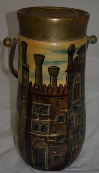 1960s Aldo Tura Scenic Painted Goatskin Ice Bucket: Aldo Tura goatskin scenic painted and lacquered Ice bucket. brass trim, cork lined lid with glass vacuum liner intact. Hammered brass handle. Some wear to finish. 10.5" dia x 22" 1960's