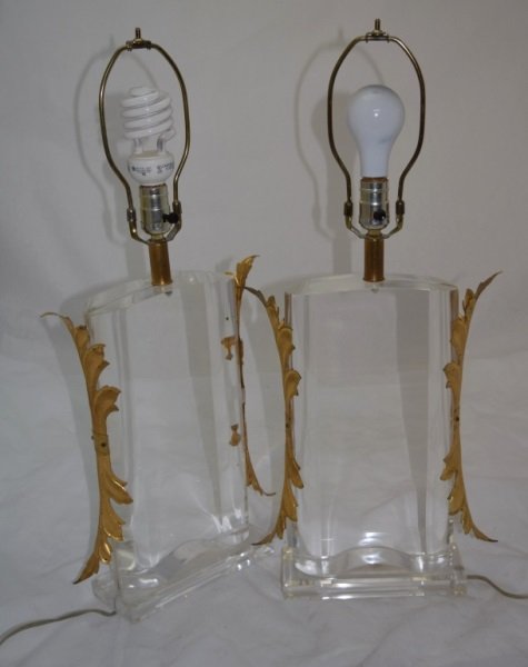 2 Karl Springer Lucite & Gold Mounted Leaf Lamps: 2 Karl Springer Lucite and gold finished leaf mounted lamps. Excellent condition with polished optical depth. 12" x3.75" x 20" to bulb 1980's