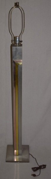 Pierre Cardin Mixed Metal Floor Lamp for Laurel: Brushed steel column floor lamp with brass and copper applied decoration. Designed by Pierre Cardin for the Laurel Lamp Co. 9" x 9" x 45" to bulb 1980's
