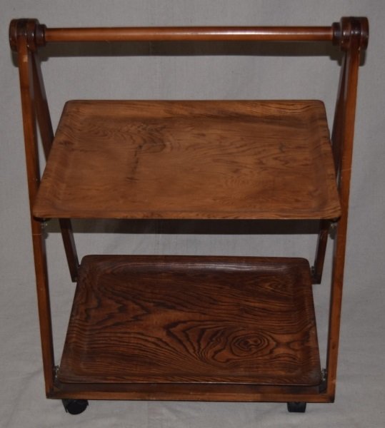 Mid Century Modern 2 Tier Teak Rolling Tea Cart: Mid Century Modern 2 tier teak rolling tea cart. Pressed and shaped wood design trays. 24" x 16" x 30" 1970's