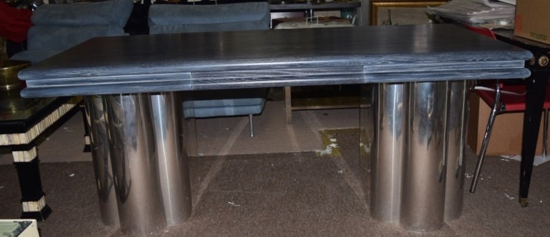 Chrome & Cerused Oak Desk or Table manner Buaghman: Chrome & Cerused Oak desk or table, has a single drawer, in the manner of Milo Buaghman. Some wear to base 72" x 36" x 30" modern