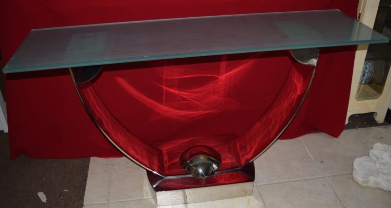 Modern Heavily Chromed Steel & Glass Console Table: Heavily chromed steel and glass console or sofa table. Very heavy and well made has frosted glass and very well polished finish. 64" x 18" x 39" 1970's